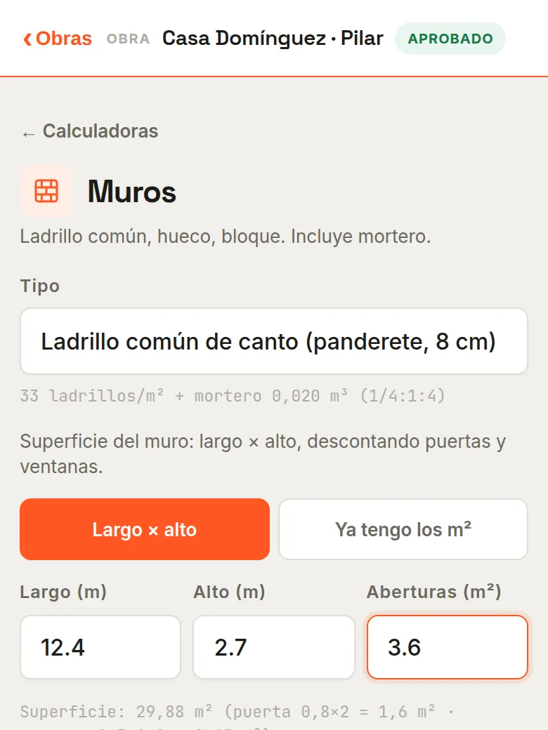 Calculadora de muros de la app con las medidas cargadas