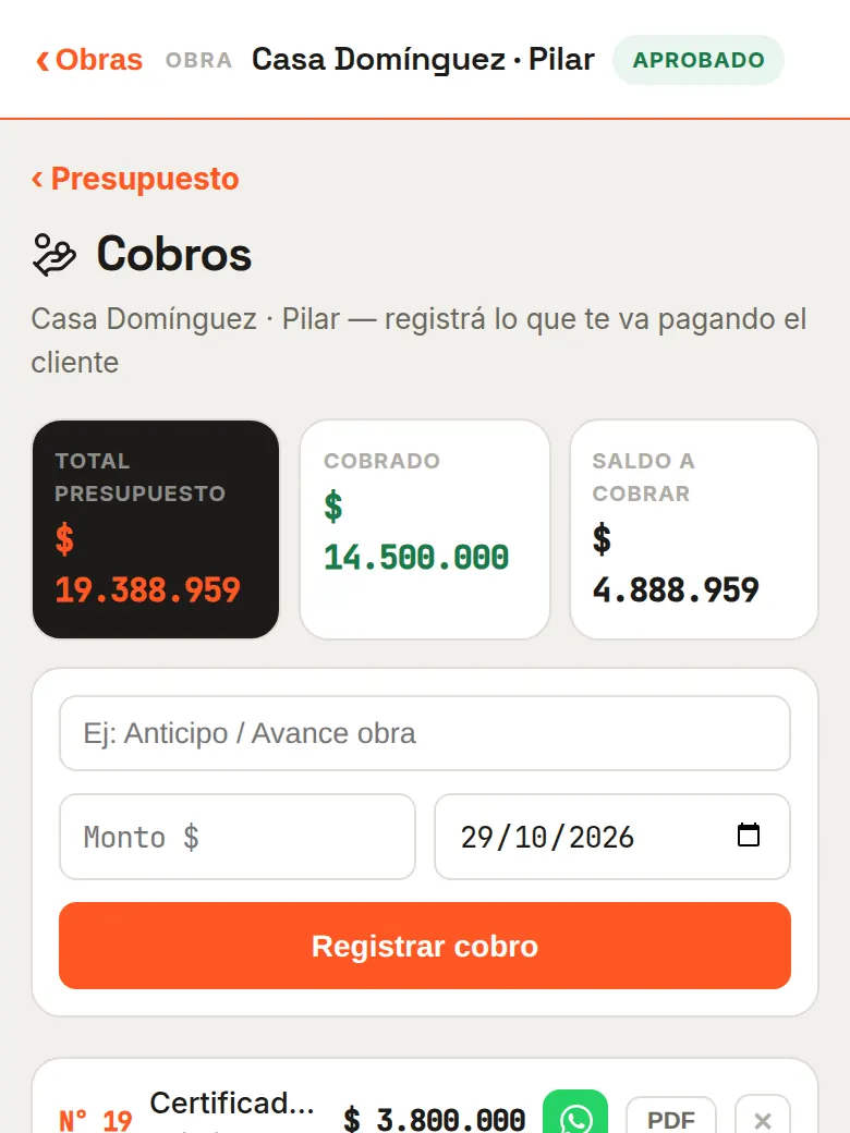 Cobros con recibos numerados y saldo a cobrar
