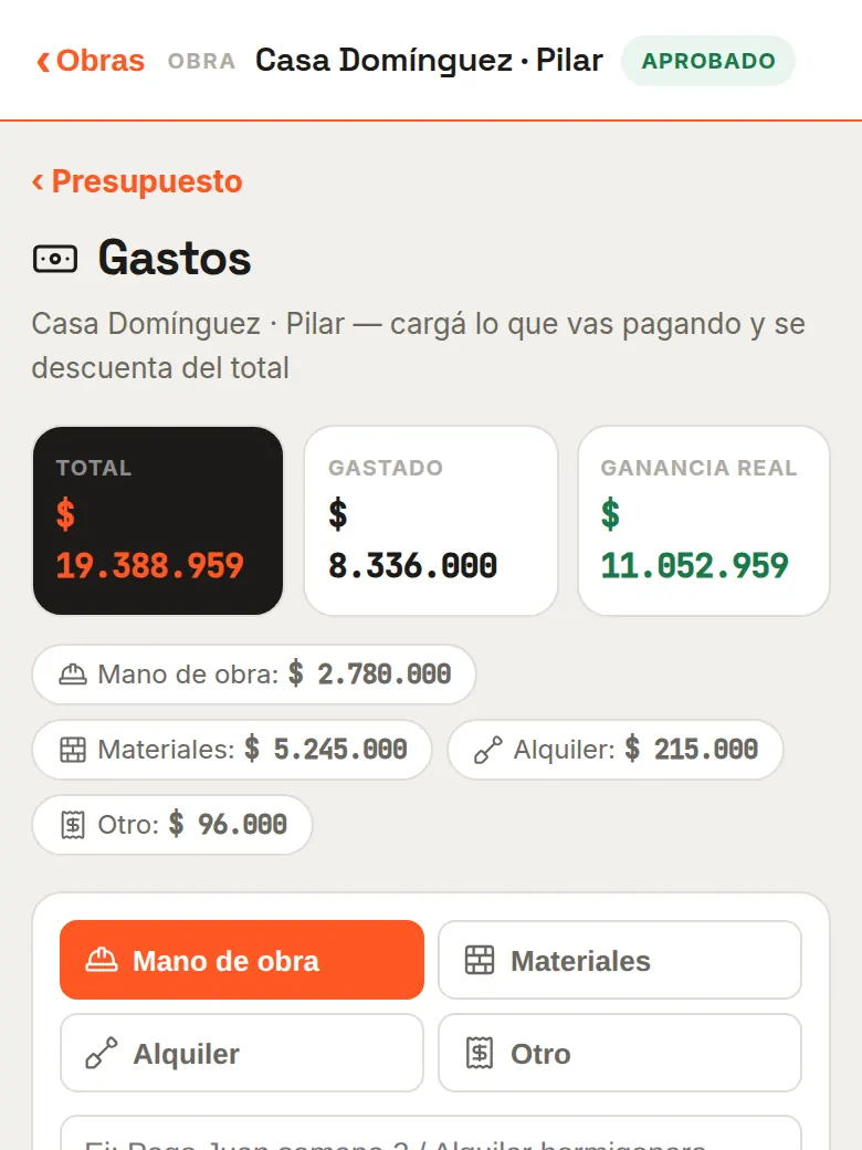 Gastos de la obra con total, gastado y ganancia real
