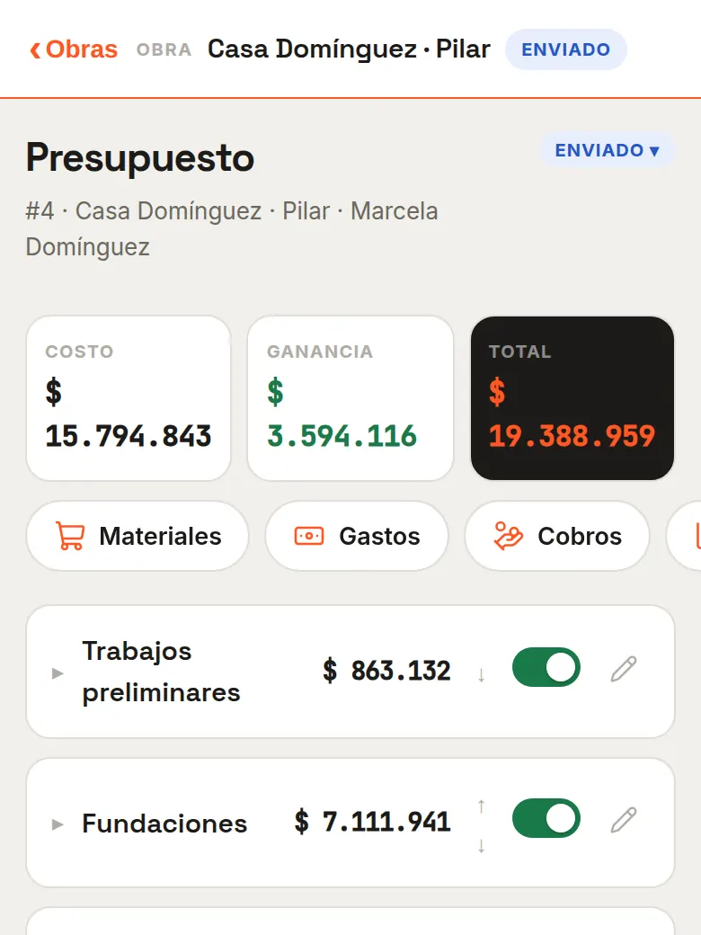 Presupuesto con rubros, costo, ganancia y total